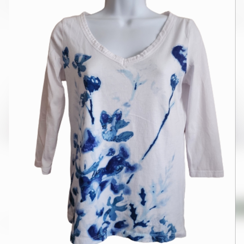 Talbots Pima Cotton Floral Top 3/4 Sleeve